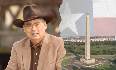 A man wearing a brown western hat and jacket smiles at the camera, in a collage with the San Jacinto Monument and a Texas flag.