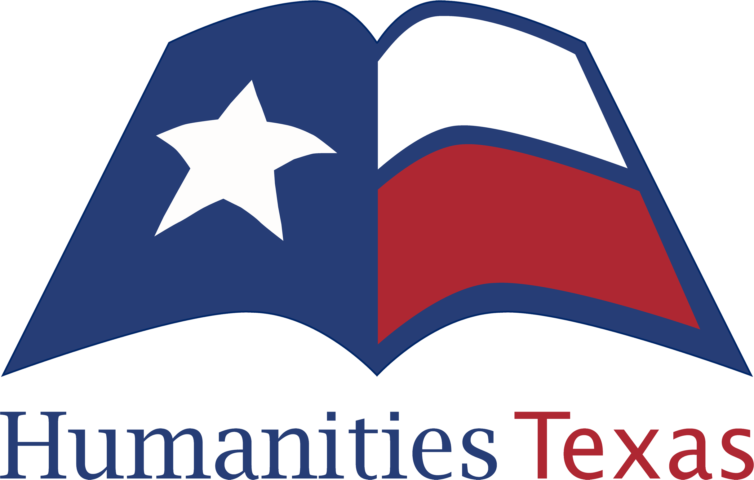 Logo of Humanities Texas; the shape of an open book colored like a Texas flag.