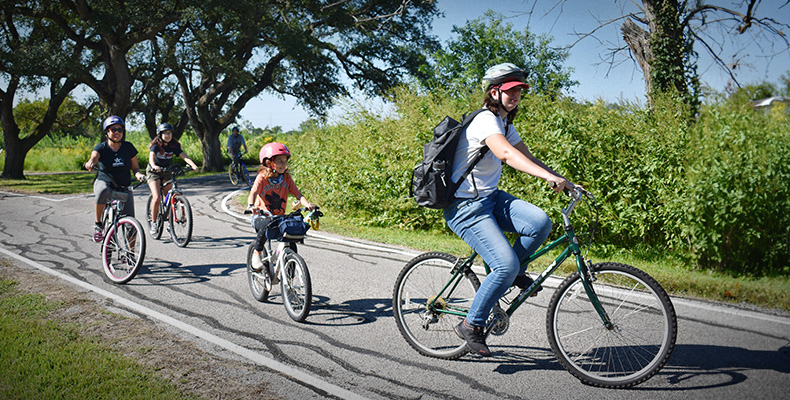 Four people ride bicycles along a roadway beside trees and grass.
