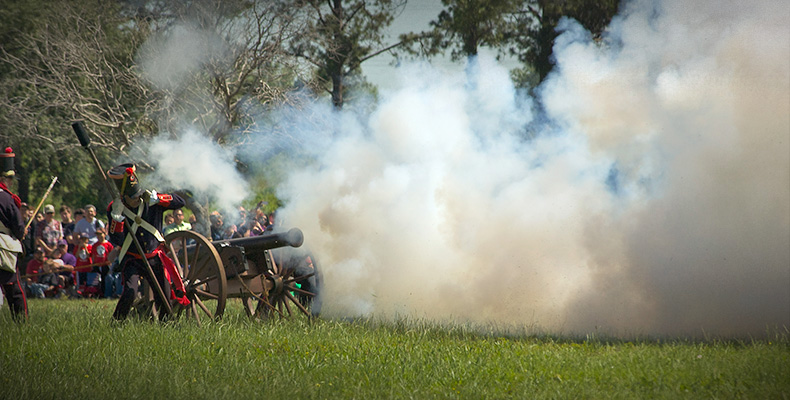 A blast projects from a cannon.