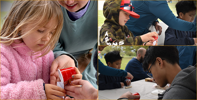 A composite image with three photos of children making something with halp from an adult