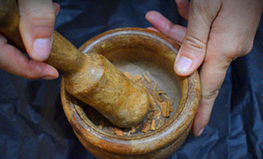 Closeup shot of a woman holding a mortar and pestle.