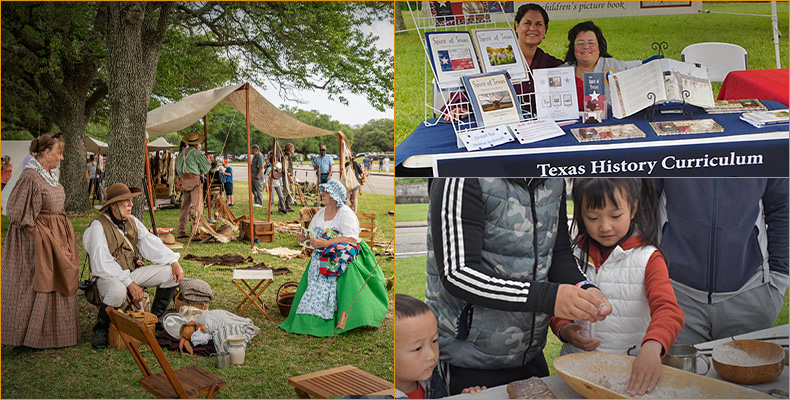 A collage of pictures of outdoor activities at the San Jacinto Monument.