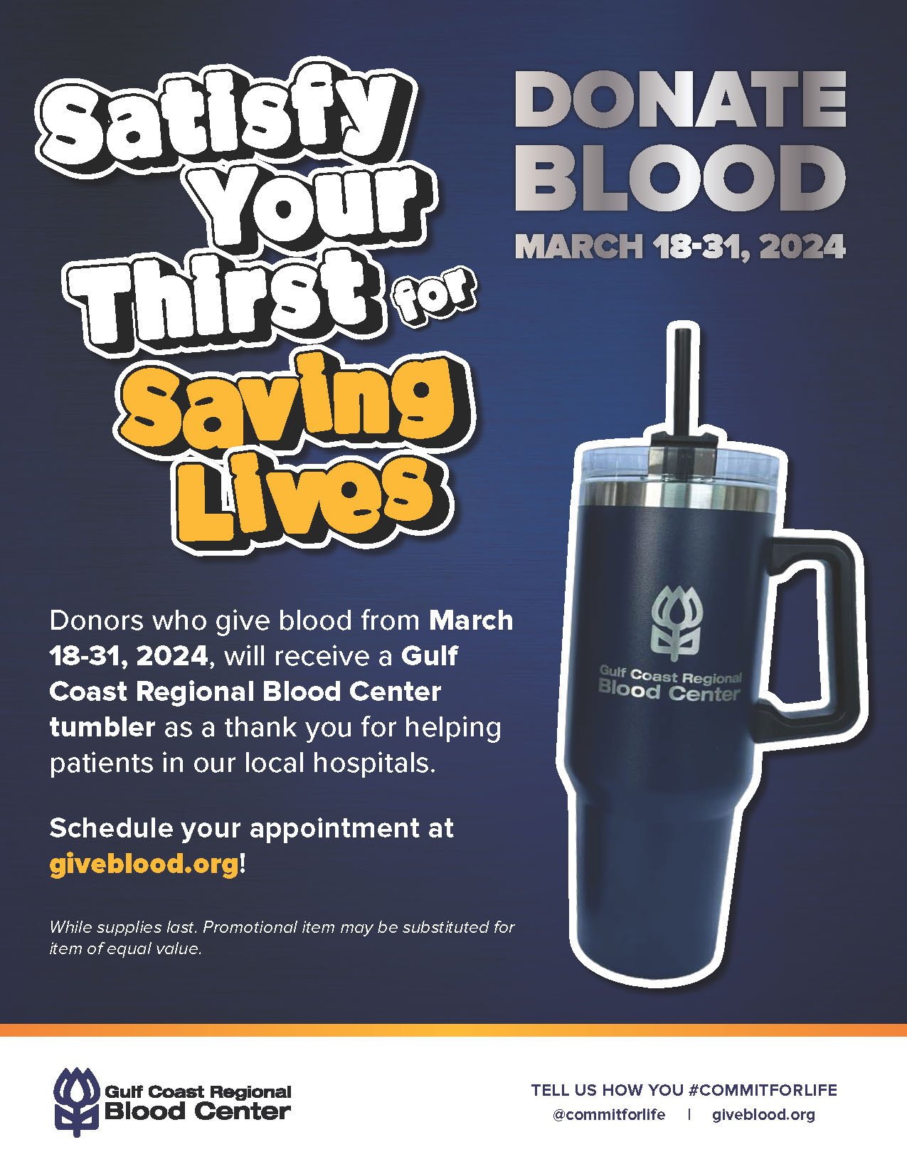 Flyer showing blood donation drive information and a tumbler
