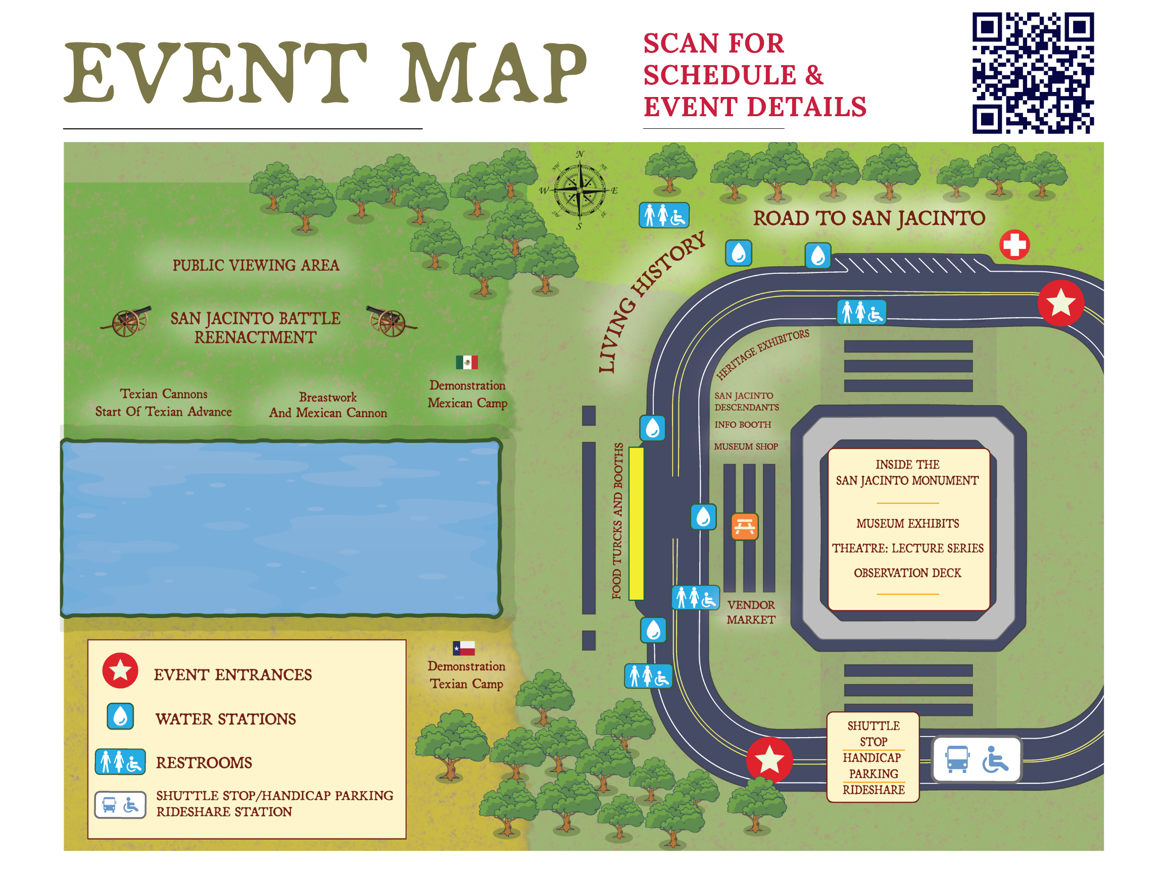 Map showing locations for the 2026 San Jacinto Celebration, near the San Jacinto Monument