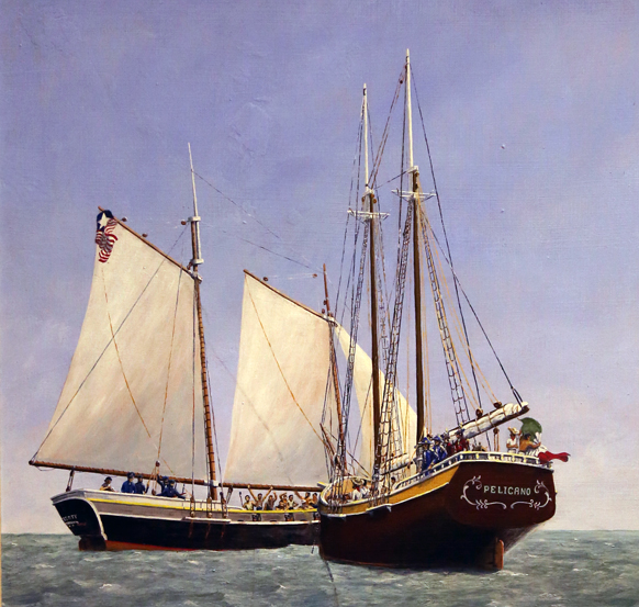 Two sailing ships, one with a Texas Navy flag, the other with a Mexican flag being lowered..