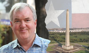 A head shot of James Bevill on the left, with the San Jacinto Monument on the right.