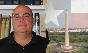 Picture of the San Jacinto Monument on the right, with a head shot photo of Stephen S. Cure on the left