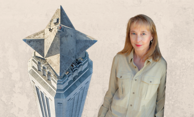 A woman is pictured next to a view of the top of the San Jacinto Monument.