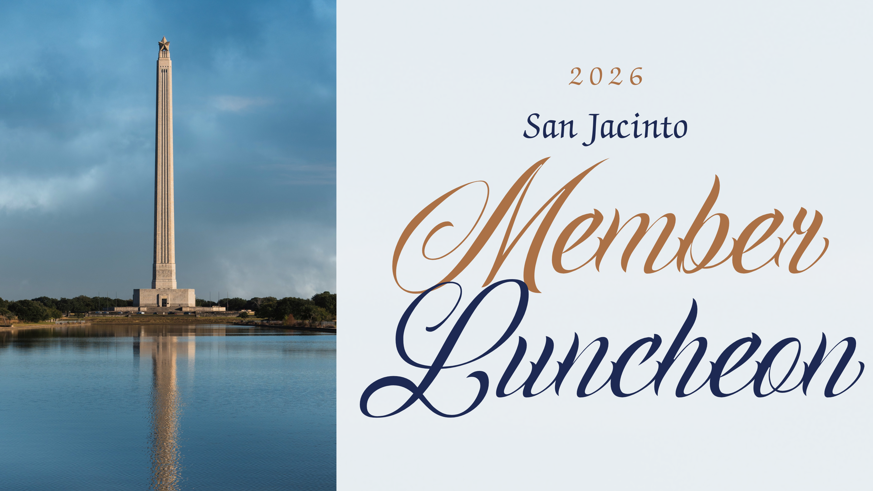 Picture of the San Jacinto Monument on the left, with text announcing the 2026 San Jacinto Member Luncheono of a woman with blonde hair on the right.