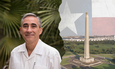A collage of Dr. De la Teja smiling at the camera on the left, with the San Jacinto Monument on the right, backed by a Texas flag.