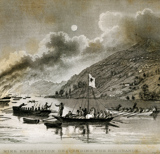 Row boats of the Mier Expedition move down the Ri Grande.