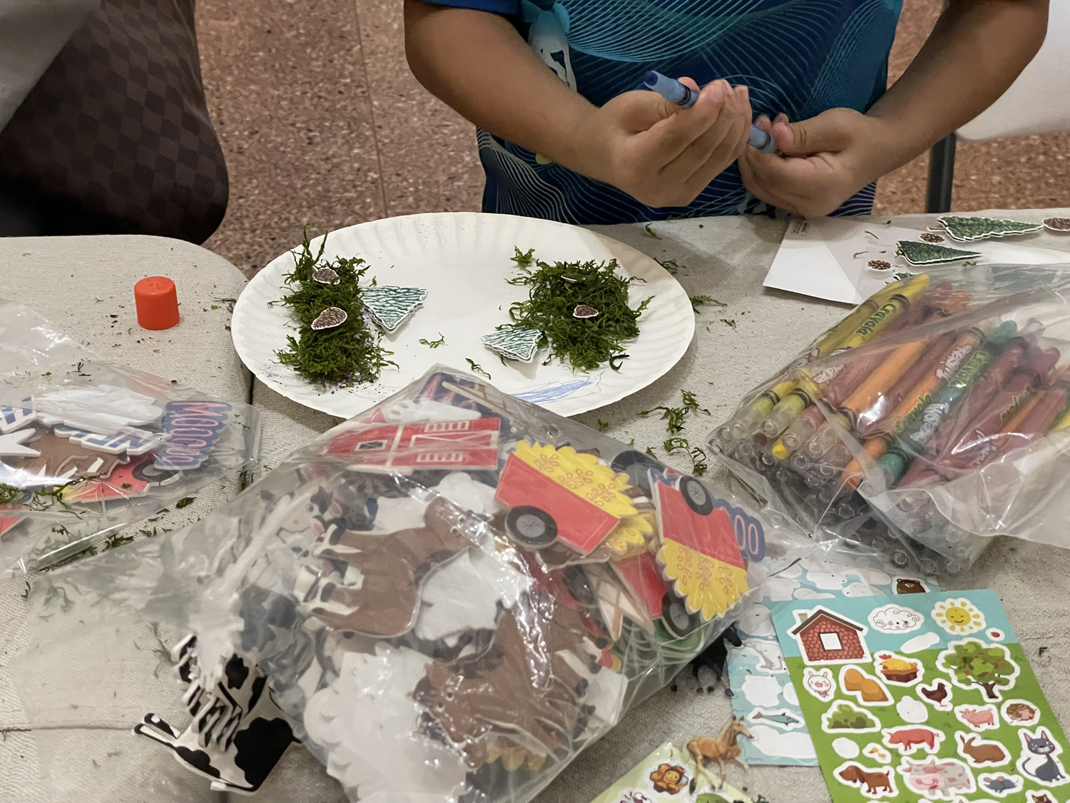 Craft supplies are spread on a table in front of a child holding a crayon