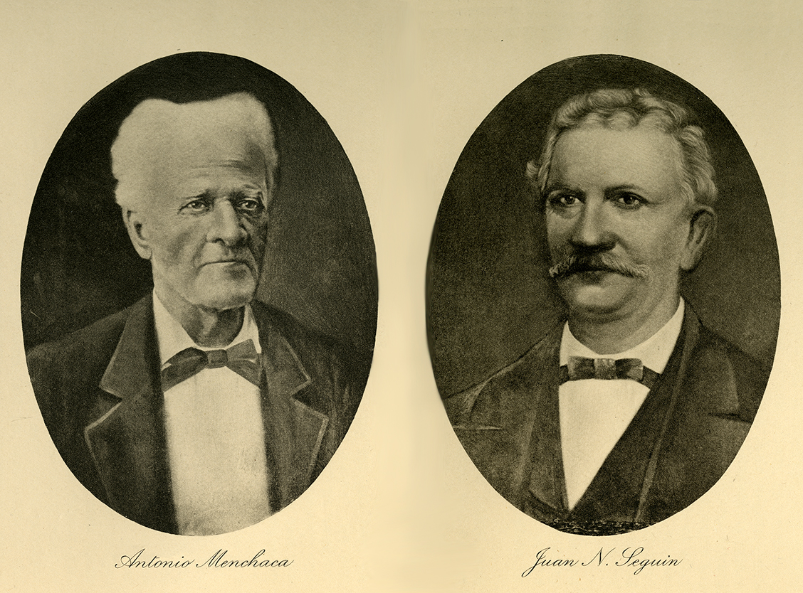 Illustration showing oval portraits of Antonio Menchaca and Juan Seguin