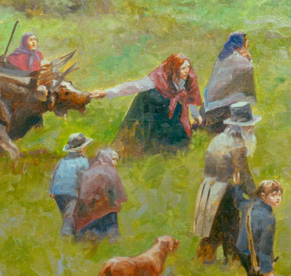 Detail of a painting showing a woman pulling an ox team, with women, children, a white-bearded man, and a dog walking through tall grass.