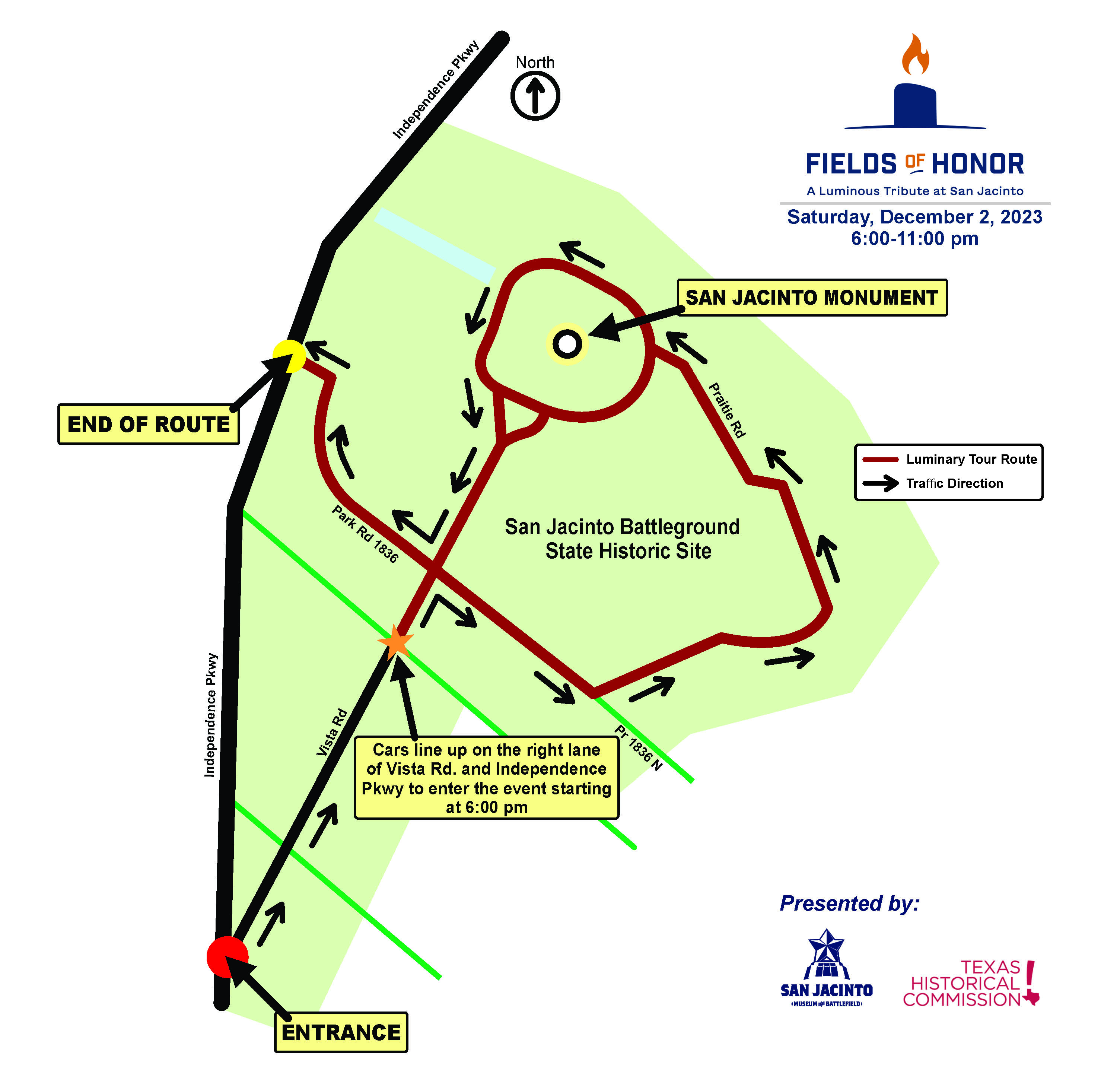 Map of driving route through San Jacinto Battleground for Fields of Honor