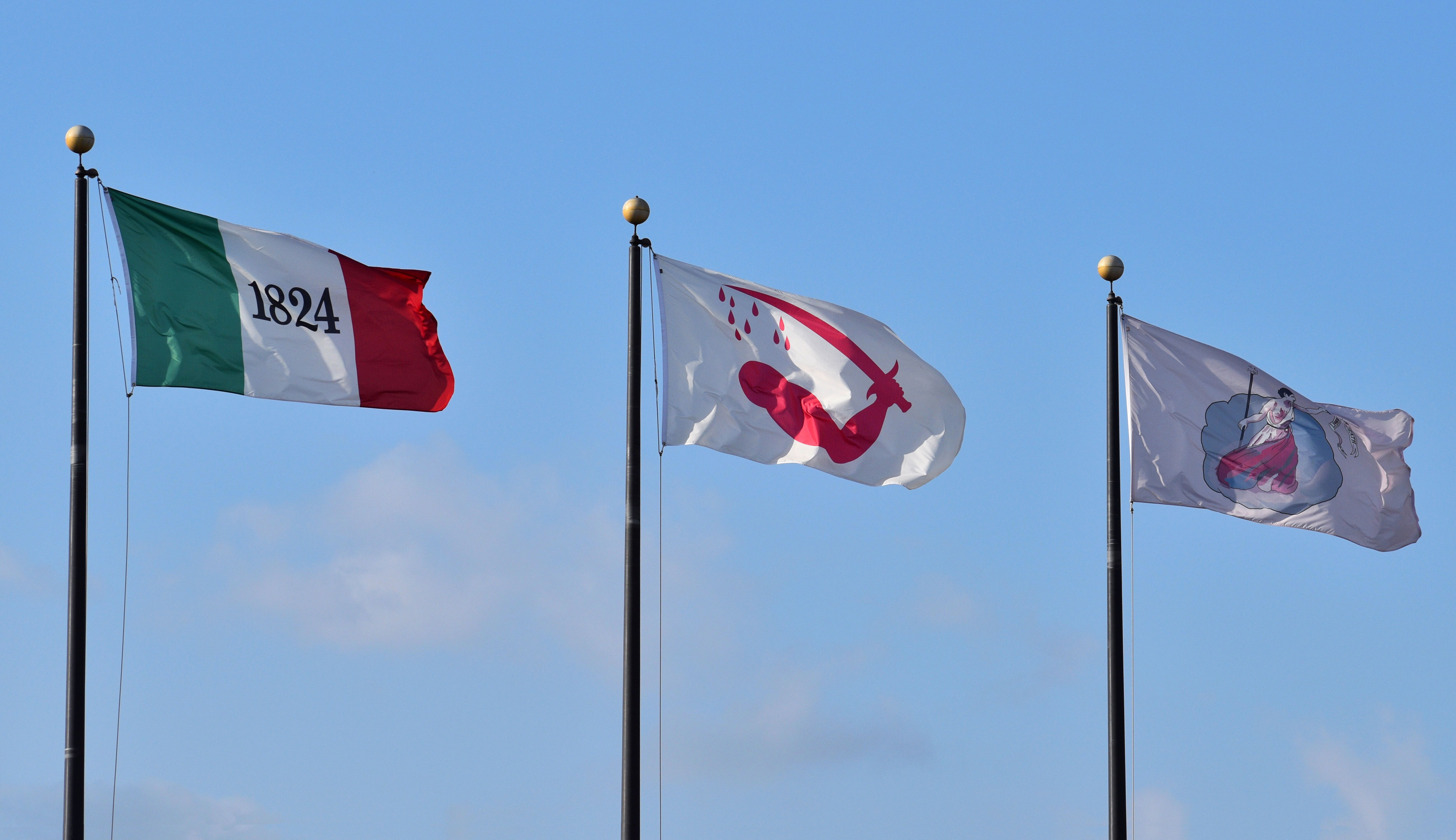 Three flags fly against a blue sky - one makred 1824, one with a bloody arm and sword, one the San Jacinto battle flag.