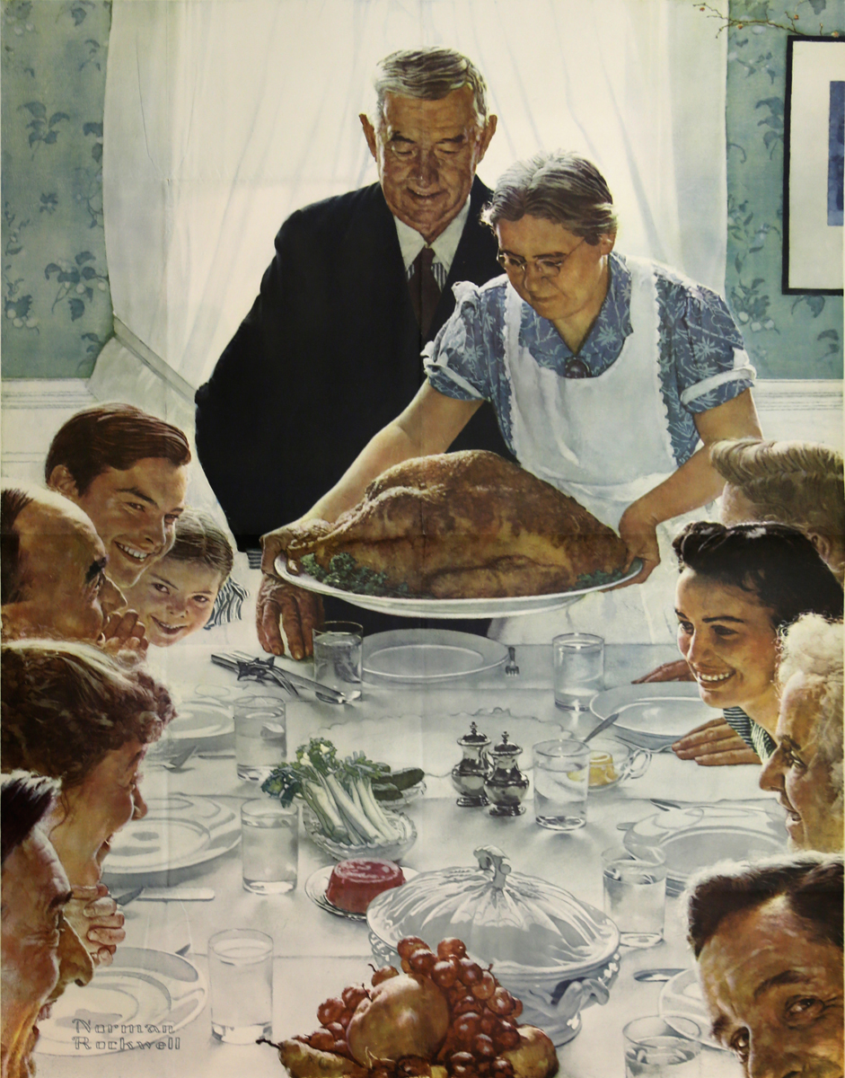 Norman Rockwell's painting of people seated around a table while a woman sets down a platter holding a turkey
