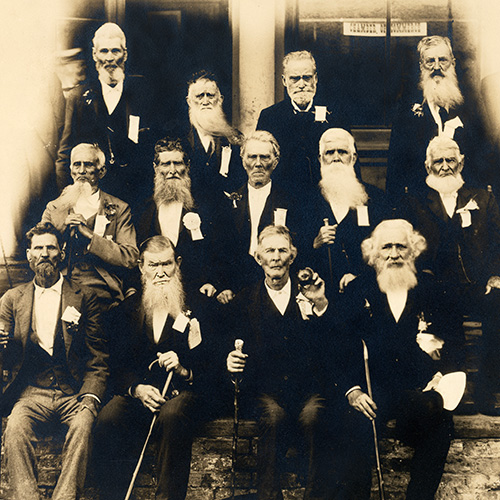 An old photograph of San Jactinto Veterans at the San Jacinto Veteran’s Reunion circa 1898