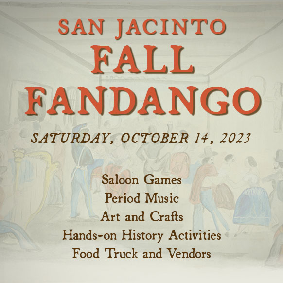 Antique water color painting of a fandango with event promotion type over it