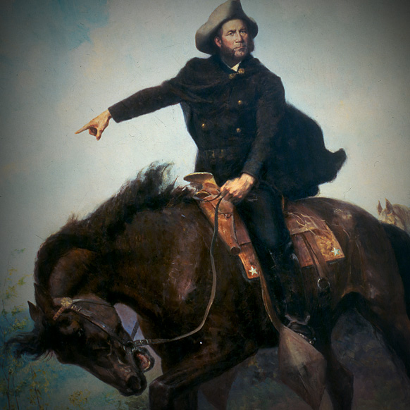 A painting of General Sam Houston on horseback pointing toward the San Jacinto battleground