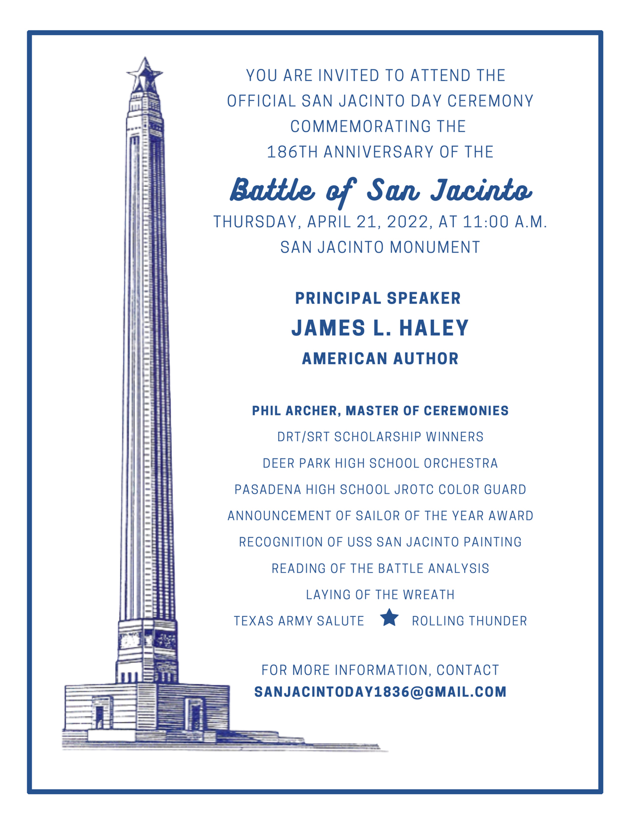 Line drawing of the San Jacinto Monument, with information about an April 21, 2022, event