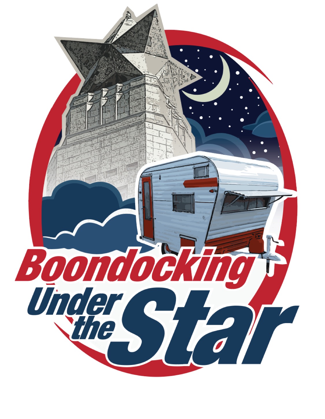 A logo showing a camper parked in front of the star from the top of the San Jacinto Monument, with a sickle moon and stars in the sky.