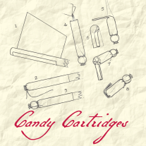 Line drawings of 7 stages in making a candy cartridge.