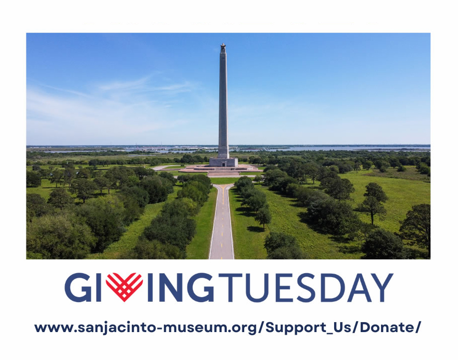 Aerial view of San Jacinto Monument, with URL to donate for Giving Tuesday G