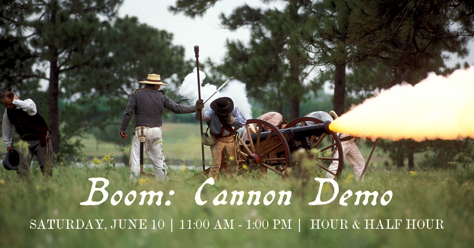 A blast projects from a cannon, with a cannon crew of five men.