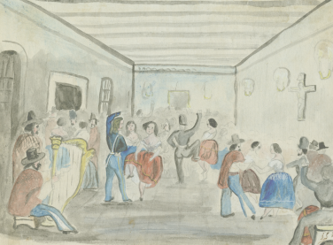 Watercolor showing men and women dancing, underneath the text San Jacinto "Fall Fandango".