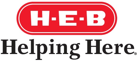 Logo in red stating H E B Helping Here